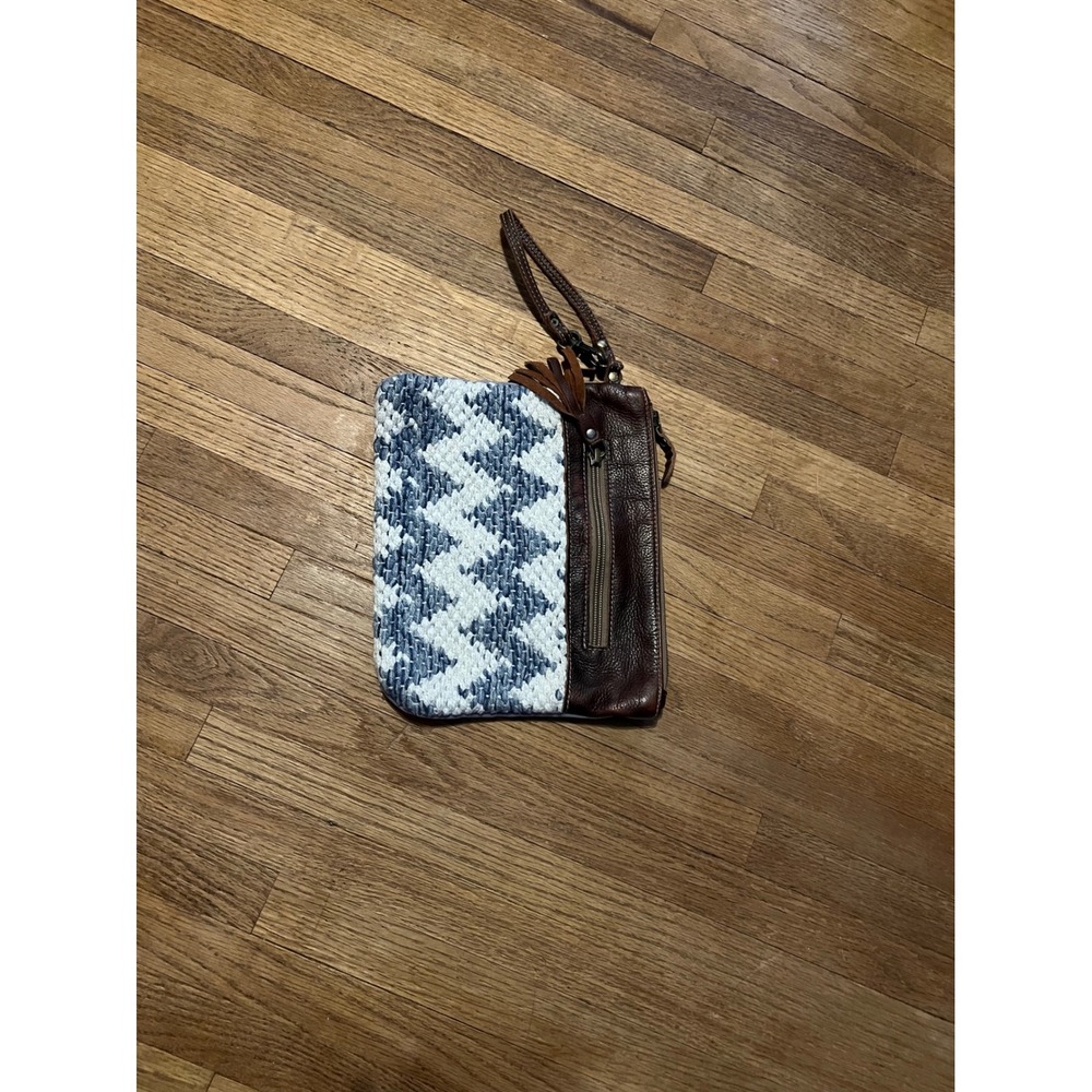 Myra Bag Blue White Woven Chevron Leather Wristlet Clutch Tassel Brown Pouch